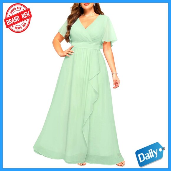 Plus Size Chiffon Formal Dress V Neck Short Sleeves Ruffle Long